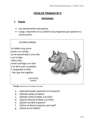Fichas de Comprensión de Lectura – 2° Básico - Ficha 2
1 de 4
1. Poesía
FICHA DE TRABAJO Nº 2
Actividades
• Lee atentamente esta poesía.
• Luego, responde en tu cuaderno las preguntas que aparecen a
continuación.
La nena astuta
Un lobito muy zorro
junto a un cortijo
se ha encontrado a una niña
y así le dijo:
-Mira niña,
vente conmigo a mi viña
y te daré uvas y castañas.
Y respondió la niña:
- No, que me engañas.
Lope deVega
Español
*Cortijo: terreno en el campo con casas
a. ¿Qué personajes aparecen en la poesía?
b. ¿Dónde estaba el lobito?
c. ¿Dónde invitó el lobito a la niña?
d. ¿Qué le ofreció el lobito a la niña?
e. ¿Quién escribió la poesía?
f. ¿Cómo se llama la poesía y por qué?
g. ¿Cómo era el lobito?
 