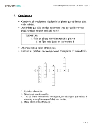 5 de 5
Fichas de Comprensión de Lectura – 3° Básico - Ficha 2
6. Crucigrama
• Completa el crucigrama siguiendo las pistas que te damos para
cada palabra.
• Acuérdate que sólo puedes poner una letra por casillero y no
puede quedar ningún casillero vacío.
• Ahora resuelve tú las otras pistas.
• Escribe las palabras que completen el crucigrama en tucuaderno.
5
2
2. Relativo a la nación.
3. Nombre de nuestra nación.
4. Tela de forma comúnmente rectangular, que se asegura por un lado a
un asta y se emplea como señal de una nación.
5. Baile típico de nuestra nació
3
1
p
n a
t
r
i
a
4
i a a
EJEMPLO:
1. País en el que nace una persona: patria
Si te fijas cabe justo en la columna 1
 