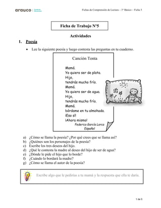 1 de 5
Fichas de Comprensión de Lectura – 3° Básico – Ficha 5
Actividades
1. Poesía
• Lee la siguiente poesía y luego contesta las preguntas en tu cuaderno.
a) ¿Cómo se llama la poesía? ¿Por qué crees que se llama así?
b) ¿Quiénes son los personajes de la poesía?
c) Escribe los tres deseos del hijo.
d) ¿Qué le contesta la madre al deseo del hijo de ser de agua?
e) ¿Dónde le pide el hijo que lo borde?
f) ¿Cuándo lo bordará la madre?
g) ¿Cómo se llama el autor de la poesía?
Ficha de Trabajo Nº5
Canción Tonta
Mamá.
Yo quiero ser de plata.
Hijo,
tendrás mucho frío.
Mamá.
Yo quiero ser de agua.
Hijo,
tendrás mucho frío.
Mamá.
bórdame en tu almohada.
¡Eso sí!
¡Ahora mismo!
Español
Escribe algo que le pedirías a tu mamá y la respuesta que ella te daría.
 