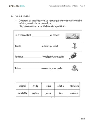 3 de 5
Fichas de Comprensión de Lectura – 3° Básico – Ficha 5
3. Completación
• Completa las oraciones con los verbos que aparecen en el recuadro
inferior y escríbelas en tu cuaderno.
• Elige dos oraciones y escríbelas en tiempo futuro.
Enelveranoelsol enelcielo.
Tomás elflorerodecristal.
Fernanda conelperrodesuvecino.
Tatiana unamantaparasupadre.
sombra brilla blusa establo blancura
saludable quebró juega teje cambio
 