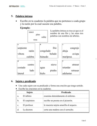 5 de 5
Fichas de Comprensión de Lectura – 3° Básico – Ficha 5
5. Palabra intrusa
• Escribe en tu cuaderno la palabra que no pertenece a cada grupo
y la razón por la cual sacaste esa palabra.
Ejemplo:
La palabra intrusa es rosa ya que es el
nombre de una flor y las otras tres
palabras son nombres de árboles.
6. Sujeto y predicado
• Une cada sujeto con su predicado y forma una oración que tenga sentido.
• Escribe las oraciones en tu cuaderno.
Sujeto Predicado
a. El árbitro examina detenidamente al enfermo.
b. El carpintero escribe un poema en el pizarrón.
c. El profesor le muestra tarjeta amarilla al arquero.
d. La doctora corta una madera con el serrucho.
sauce
pino
roble
rosa
a
serpiente
ratón
víbora
culebra
b
frío
congelado
helado
húmedo
c
cangrejo
abeja
avispa
mariposa
d
centro
costado
lado
lateral
e
nieve
agua
piedra
hielo
f
atrasar
retardar
retrasar
adelantar
 
