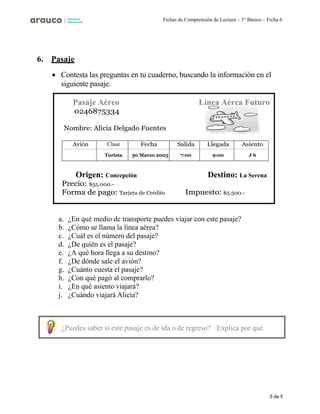 5 de 5
Fichas de Comprensión de Lectura – 3° Básico – Ficha 6
Pasaje Aéreo Línea Aérea Futuro
Origen: Concepción Destino: La Serena
6. Pasaje
• Contesta las preguntas en tu cuaderno, buscando la información en el
siguiente pasaje.
Avión Clase Fecha Salida Llegada Asiento
Turista 30 Marzo 2005 7:00 9:00 J 6
a. ¿En qué medio de transporte puedes viajar con este pasaje?
b. ¿Cómo se llama la línea aérea?
c. ¿Cuál es el número del pasaje?
d. ¿De quién es el pasaje?
e. ¿A qué hora llega a su destino?
f. ¿De dónde sale el avión?
g. ¿Cuánto cuesta el pasaje?
h. ¿Con qué pagó al comprarlo?
i. ¿En qué asiento viajará?
j. ¿Cuándo viajará Alicia?
¿Puedes saber si este pasaje es de ida o de regreso? Explica por qué.
 