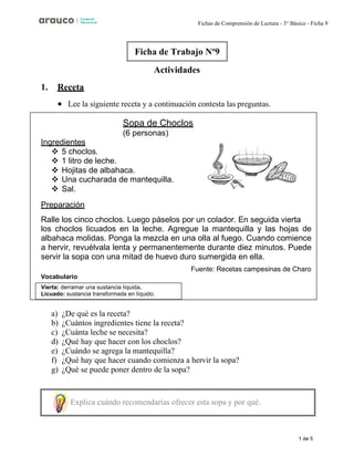 1 de 5
Fichas de Comprensión de Lectura - 3° Básico - Ficha 9
Actividades
1. Receta
• Lee la siguiente receta y a continuación contesta las preguntas.
Sopa de Choclos
(6 personas)
Ingredientes
❖ 5 choclos.
❖ 1 litro de leche.
❖ Hojitas de albahaca.
❖ Una cucharada de mantequilla.
❖ Sal.
Preparación
Ralle los cinco choclos. Luego páselos por un colador. En seguida vierta
los choclos licuados en la leche. Agregue la mantequilla y las hojas de
albahaca molidas. Ponga la mezcla en una olla al fuego. Cuando comience
a hervir, revuélvala lenta y permanentemente durante diez minutos. Puede
servir la sopa con una mitad de huevo duro sumergida en ella.
Fuente: Recetas campesinas de Charo
Vocabulario
a) ¿De qué es la receta?
b) ¿Cuántos ingredientes tiene la receta?
c) ¿Cuánta leche se necesita?
d) ¿Qué hay que hacer con los choclos?
e) ¿Cuándo se agrega la mantequilla?
f) ¿Qué hay que hacer cuando comienza a hervir la sopa?
g) ¿Qué se puede poner dentro de la sopa?
Ficha de Trabajo Nº9
Vierta: derramar una sustancia líquida.
Licuado: sustancia transformada en líquido.
Explica cuándo recomendarías ofrecer esta sopa y por qué.
 