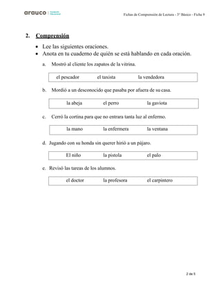 2 de 5
Fichas de Comprensión de Lectura - 3° Básico - Ficha 9
2. Comprensión
• Lee las siguientes oraciones.
• Anota en tu cuaderno de quién se está hablando en cada oración.
a. Mostró al cliente los zapatos de la vitrina.
b. Mordió a un desconocido que pasaba por afuera de su casa.
c. Cerró la cortina para que no entrara tanta luz al enfermo.
d. Jugando con su honda sin querer hirió a un pájaro.
e. Revisó las tareas de los alumnos.
el pescador el taxista la vendedora
la abeja el perro la gaviota
la mano la enfermera la ventana
El niño la pistola el palo
el doctor la profesora el carpintero
 