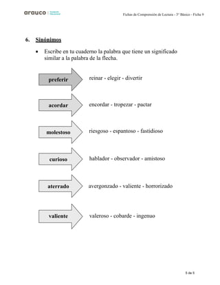 5 de 5
Fichas de Comprensión de Lectura - 3° Básico - Ficha 9
6. Sinónimos
• Escribe en tu cuaderno la palabra que tiene un significado
similar a la palabra de la flecha.
reinar - elegir - divertir
encordar - tropezar - pactar
riesgoso - espantoso - fastidioso
hablador - observador - amistoso
avergonzado - valiente - horrorizado
valeroso - cobarde - ingenuo
preferir
acordar
molestoso
curioso
aterrado
valiente
 