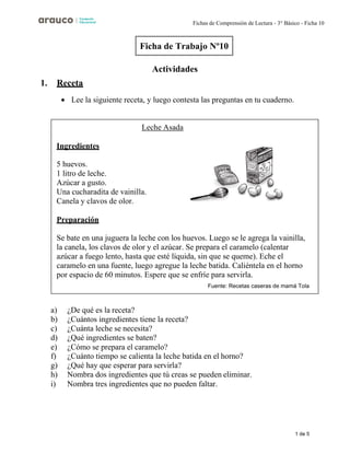 1 de 5
Fichas de Comprensión de Lectura - 3° Básico - Ficha 10
Actividades
1. Receta
• Lee la siguiente receta, y luego contesta las preguntas en tu cuaderno.
a) ¿De qué es la receta?
b) ¿Cuántos ingredientes tiene la receta?
c) ¿Cuánta leche se necesita?
d) ¿Qué ingredientes se baten?
e) ¿Cómo se prepara el caramelo?
f) ¿Cuánto tiempo se calienta la leche batida en el horno?
g) ¿Qué hay que esperar para servirla?
h) Nombra dos ingredientes que tú creas se pueden eliminar.
i) Nombra tres ingredientes que no pueden faltar.
Ficha de Trabajo Nº10
Leche Asada
Ingredientes
5 huevos.
1 litro de leche.
Azúcar a gusto.
Una cucharadita de vainilla.
Canela y clavos de olor.
Preparación
Se bate en una juguera la leche con los huevos. Luego se le agrega la vainilla,
la canela, los clavos de olor y el azúcar. Se prepara el caramelo (calentar
azúcar a fuego lento, hasta que esté líquida, sin que se queme). Eche el
caramelo en una fuente, luego agregue la leche batida. Caliéntela en el horno
por espacio de 60 minutos. Espere que se enfríe para servirla.
Fuente: Recetas caseras de mamá Tola
 