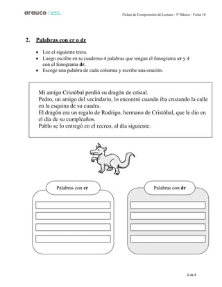 2 de 5
Fichas de Comprensión de Lectura - 3° Básico - Ficha 10
2. Palabras con cr o dr
• Lee el siguiente texto.
• Luego escribe en tu cuaderno 4 palabras que tengan el fonograma cr y 4
con el fonograma dr.
• Escoge una palabra de cada columna y escribe una oración.
Mi amigo Cristóbal perdió su dragón de cristal.
Pedro, un amigo del vecindario, lo encontró cuando iba cruzando la calle
en la esquina de su cuadra.
El dragón era un regalo de Rodrigo, hermano de Cristóbal, que le dio en
el día de su cumpleaños.
Pablo se lo entregó en el recreo, al día siguiente.
Palabras con cr Palabras con dr
 