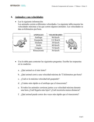 3 de 5
Fichas de Comprensión de Lectura - 3° Básico - Ficha 11
4. Animales y sus velocidades
• Lee la siguiente información:
Los animales corren a diferentes velocidades. La siguiente tabla muestra las
velocidades máximas a las que corren algunos animales. Las velocidades se
dan en kilómetros por hora.
ANIMALES VELOCIDADES
Antílope 96 Km/h
Guepardo 112 Km/h
Elefante 38 Km/h
Jirafa 48 Km/h
Canguro 72 Km/h
Rinoceronte 56 Km/h
• Usa la tabla para contestar las siguientes preguntas. Escribe las respuestas
en tu cuaderno.
a. ¿Qué animal es el más lento?
b. ¿Qué animal corre a una velocidad máxima de 72 kilómetros por hora?
c. ¿Cuál es la máxima velocidad del guepardo?
d. ¿Cuánto más rápido es el antílope que el rinoceronte?
e. Si todos los animales corrieran juntos a su velocidad máxima durante
una hora ¿Cuál llegaría más lejos? ¿Cuál recorrería menos distancia?
f. ¿Qué animal puede correr dos veces más rápido que el rinoceronte?
 