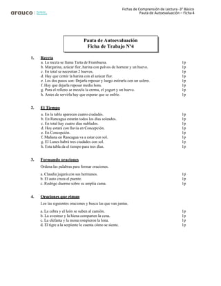 Fichas de Comprensión de Lectura -3° Básico
Pauta de Autoevaluación – Ficha 4
1. Receta
a. La receta se llama Tarta de Frambuesa. 1p
b. Margarina, azúcar flor, harina con polvos de hornear y un huevo. 1p
c. En total se necesitan 2 huevos. 1p
d. Hay que cernir la harina con el azúcar flor. 1p
e. Los dos pasos son: Dejarla reposar y luego estirarla con un uslero. 1p
f. Hay que dejarla reposar media hora. 1p
g. Para el relleno se mezcla la crema, el yogurt y un huevo. 1p
h. Antes de servirla hay que esperar que se enfríe. 1p
2. El Tiempo
a. En la tabla aparecen cuatro ciudades. 1p
b. En Rancagua estarán todos los días soleados. 1p
c. En total hay cuatro días nublados. 1p
d. Hoy estará con lluvia en Concepción. 1p
e. En Concepción. 1p
f. Mañana en Rancagua va a estar con sol. 1p
g. El Lunes habrá tres ciudades con sol. 1p
h. Esta tabla da el tiempo para tres días. 1p
3. Formando oraciones
Ordena las palabras para formar oraciones.
a. Claudia jugará con sus hermanos. 1p
b. El auto cruza el puente. 1p
c. Rodrigo duerme sobre su amplia cama. 1p
4. Oraciones que riman
Lee las siguientes oraciones y busca las que van juntas.
a. La cebra y el león se suben al camión. 1p
b. La avestruz y la hiena comparten la cena. 1p
c. La elefanta y la mona rompieron la lona. 1p
d. El tigre a la serpiente le cuenta cómo se siente. 1p
Pauta de Autoevaluación
Ficha de Trabajo Nº4
 
