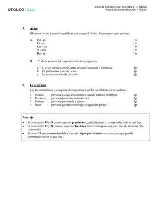 Fichas de Comprensión de Lectura -3° Básico
Pauta de Autoevaluación – Ficha 4
5. Aviso
Observa el aviso y anota las palabras que tengan 2 sílabas. Encontraste estas palabras:
A. Pul - po 1p
Pa - ra 1p
Car - tas 1p
A - mor 1p
Ho - ra 1p
B. Y ahora veamos las respuestas a las tres preguntas:
a. El aviso ofrece escribir cartas de amor, renuncia o cobranza. 1p
b. Un pulpo ofrece sus servicios. 1p
c. Lo hará en su hora de colación. 1p
6. Crucigrama
Lee las definiciones y completa el crucigrama. Escribe las palabras en tu cuaderno.
1. Médico : persona a la que consultamos cuando estamos enfermos. 1p
2. Mecánico : persona que repara automóviles. 1p
3. Profesor : persona que enseña a niños. 1p
4. Buzo : persona que desciende bajo el agua para pescar. 1p
Puntaje:
• Si tienes entre 35 y 28 puntos eres un gran lector, ¡¡felicitaciones!!, comprendes todo lo quelees.
• Si tienes entre 27 y 21 puntos, sigue así, lees bien pero te falta poner un poco más de atención para
comprender.
• Si tienes 20 puntos o menos debes leer más, sigue practicando tu lectura para que puedas
comprender mejor lo que lees.
 
