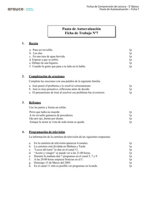 Fichas de Comprensión de Lectura - 3° Básico
Pauta de Autoevaluación – Ficha 7
1. Receta
a. Para ser invisible. 1p
b. Las alas. 1p
c. En una taza de agua hervida. 1p
d. Esperar a que se enfríe. 1p
e. Debajo de una higuera. 1p
f. Cuando la gente que pasa a tu lado no te habla. 1p
2. Completación de oraciones
Completa las oraciones con una palabra de la siguiente familia.
a. José pensó el problema y lo resolvió correctamente. 1p
b. José es muy pensativo, reflexiona antes de decidir. 1p
c. El pensamiento de José al resolver ese problema fue el correcto. 1p
3. Refranes
Une las partes y forma un refrán.
Perro que ladra no muerde. 1p
A río revuelto ganancia de pescadores. 1p
Ojo por ojo, diente por diente. 1p
Aunque la mona se vista de seda mona se queda. 1p
4. Programación de televisión
La información de la cartelera de televisión da las siguientes respuestas:
a. En la cartelera de televisión aparecen 4 canales. 1p
b. La cartelera está dividida en Mañana y Tarde. 1p
c. “Locos del tenis” lo dan en el canal 11. 1p
d. “Aceite y vinagre” se puede ver a las 21:00 horas. 1p
e. Durante la mañana dan 7 programas en el canal 5, 7 y 9. 1p
f. A las 20:00 horas empieza Noticias en el 5. 1p
g. Domingo 15 de Marzo del 2005. 1p
h. En el canal 11 sólo es posible ver programas en la tarde. 1p
Pauta de Autoevaluación
Ficha de Trabajo Nº7
 
