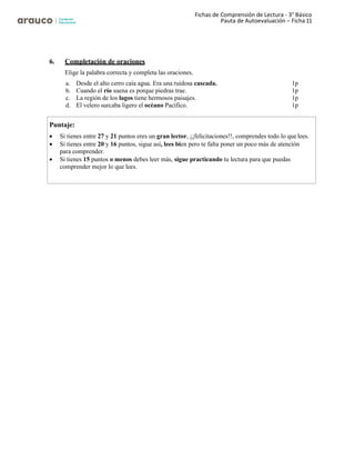 Fichas de Comprensión de Lectura - 3° Básico
Pauta de Autoevaluación – Ficha 11
6. Completación de oraciones
Elige la palabra correcta y completa las oraciones.
a. Desde el alto cerro caía agua. Era una ruidosa cascada. 1p
b. Cuando el río suena es porque piedras trae. 1p
c. La región de los lagos tiene hermosos paisajes. 1p
d. El velero surcaba ligero el océano Pacífico. 1p
Puntaje:
• Si tienes entre 27 y 21 puntos eres un gran lector, ¡¡felicitaciones!!, comprendes todo lo que lees.
• Si tienes entre 20 y 16 puntos, sigue así, lees bien pero te falta poner un poco más de atención
para comprender.
• Si tienes 15 puntos o menos debes leer más, sigue practicando tu lectura para que puedas
comprender mejor lo que lees.
 