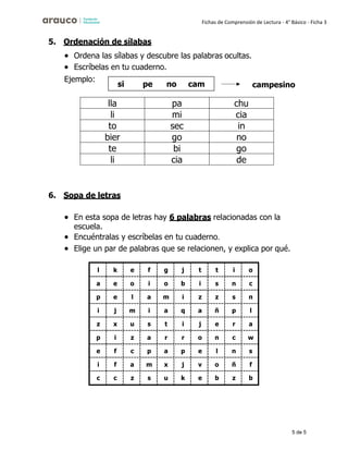 5 de 5
Fichas de Comprensión de Lectura - 4° Básico - Ficha 3
5. Ordenación de sílabas
• Ordena las sílabas y descubre las palabras ocultas.
• Escríbelas en tu cuaderno.
Ejemplo:
6. Sopa de letras
• En esta sopa de letras hay 6 palabras relacionadas con la
escuela.
• Encuéntralas y escríbelas en tu cuaderno.
• Elige un par de palabras que se relacionen, y explica por qué.
l k e f g j t t i o
a e o i o b i s n c
p e l a m i z z s n
i j m i a q a ñ p l
z x u s t i j e r a
p i z a r r o n c w
e f c p a p e l n s
i f a m x j v o ñ f
c c z s u k e b z b
lla pa chu
li mi cia
to sec in
bier go no
te bi go
li cia de
si pe no cam campesino
 
