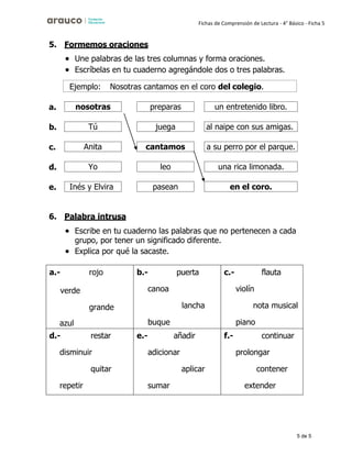 5 de 5
Fichas de Comprensión de Lectura - 4° Básico - Ficha 5
5. Formemos oraciones
• Une palabras de las tres columnas y forma oraciones.
• Escríbelas en tu cuaderno agregándole dos o tres palabras.
a.
b.
c.
d.
e.
6. Palabra intrusa
• Escribe en tu cuaderno las palabras que no pertenecen a cada
grupo, por tener un significado diferente.
• Explica por qué la sacaste.
a.- rojo
verde
grande
azul
b.- puerta
canoa
lancha
buque
c.- flauta
violín
nota musical
piano
d.- restar
disminuir
quitar
repetir
e.- añadir
adicionar
aplicar
sumar
f.- continuar
prolongar
contener
extender
juega
en el coro.
pasean
una rica limonada.
leo
a su perro por el parque.
cantamos
Inés y Elvira
Yo
Anita
al naipe con sus amigas.
Tú
un entretenido libro.
preparas
nosotras
Ejemplo: Nosotras cantamos en el coro del colegio.
 