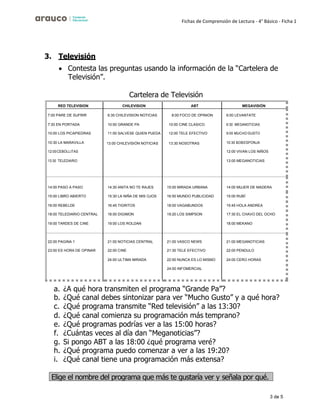 3 de 5
Fichas de Comprensión de Lectura - 4° Básico - Ficha 1
3. Televisión
• Contesta las preguntas usando la información de la “Cartelera de
Televisión”.
Cartelera de Televisión
RED TELEVISION CHILEVISION ABT MEGAVISIÓN
7:00 PARE DE SUFRIR
7:30 EN PORTADA
10:00 LOS PICAPIEDRAS
10:30 LA MARAVILLA
12:00CEBOLLITAS
13:30 TELEDIARIO
6:30 CHILEVISION NOTICIAS
10:00 GRANDE PA
11:00 SALVESE QUIEN PUEDA
13:00 CHILEVISIÓN NOTICIAS
8:00 FOCO DE OPINION
10:00 CINE CLASICO
12:00 TELE EFECTIVO
13:30 NOSOTRAS
6:00 LEVANTATE
6:30 MEGANOTICIAS
9:00 MUCHO GUSTO
10:30 BOBESPONJA
12:00 VIVAN LOS NIÑOS
13:00 MEGANOTICIAS
14:00 PASO A PASO 14:30 ANITA NO TE RAJES 15:00 MIRADA URBANA 14:00 MUJER DE MADERA
15:00 LIBRO ABIERTO 15:30 LA NIÑA DE MIS OJOS 16:50 MUNDO PUBLICIDAD 15:00 RUBÍ
16:00 REBELDE 16:45 TIGRITOS 18:00 VAGABUNDOS 15:45 HOLA ANDREA
18:00 TELEDIARIO CENTRAL 18:00 DIGIMON 19:20 LOS SIMPSON 17:30 EL CHAVO DEL OCHO
19:00 TARDES DE CINE 19:00 LOS ROLDAN 18:00 MEKANO
22:00 PAGINA 1 21:00 NOTICIAS CENTRAL 21:00 VASCO NEWS 21:00 MEGANOTICIAS
23:00 ES HORA DE OPINAR 22:00 CINE 21:30 TELE EFECTIVO 22:00 PENDULO
24:00 ULTIMA MIRADA 22:50 NUNCA ES LO MISMO 24:00 CERO HORAS
24:00 INFOMERCIAL
a. ¿A qué hora transmiten el programa “Grande Pa”?
b. ¿Qué canal debes sintonizar para ver “Mucho Gusto” y a qué hora?
c. ¿Qué programa transmite “Red televisión” a las 13:30?
d. ¿Qué canal comienza su programación más temprano?
e. ¿Qué programas podrías ver a las 15:00 horas?
f. ¿Cuántas veces al día dan “Meganoticias”?
g. Si pongo ABT a las 18:00 ¿qué programa veré?
h. ¿Qué programa puedo comenzar a ver a las 19:20?
i. ¿Qué canal tiene una programación más extensa?
Elige el nombre del programa que más te gustaría ver y señala por qué.
 