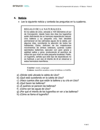 4 de 6
Fichas de Comprensión de Lectura - 4° Básico - Ficha 6
4. Noticia
• Lee la siguiente noticia y contesta las preguntas en tu cuaderno.
Concitar: reunir, congregar.
Cetáceo: mamífero acuático como la ballena o el delfín.
a) ¿Dónde está ubicada la caleta de Llico?
b) ¿Qué está sucediendo en la caleta de Llico?
c) ¿Hace cuantos días que están la ballena y su cría en Llico?
d) ¿Qué hacen las ballenas?
e) ¿A quiénes se parecen las ballenas?
f) ¿Cómo son las aguas de Llico?
g) ¿Por qué el interés de los lugareños en ver a las ballenas?
h) ¿Cómo se llama el lugareño?
REGALO DE LA NATURALEZA
En la caleta de Llico, ubicada a 104 kilómetros al sur
de Concepción, desde hace dos días los lugareños
están disfrutando de un hermoso espectáculo natural.
Una ballena y su pequeña cría, han decidido
permanecer en las calmadas aguas de la caleta, por
algunos días, concitando la atención de todos los
habitantes. Estos, disfrutan de los majestuosos
movimientos de ambos cetáceos, quienes cuales
ejercitados bailarines, ejecutan con gran gracia y
agilidad saltos y giros, produciendo el asombro de
todos los que viven en esta pequeña localidad. Pablo,
un lugareño, señala que este tipo de espectáculo no
es habitual, y por eso el interés de él en observar a
estos hermosos mamíferos.
 