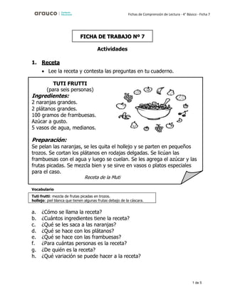 1 de 5
Fichas de Comprensión de Lectura - 4° Básico - Ficha 7
Actividades
1. Receta
• Lee la receta y contesta las preguntas en tu cuaderno.
Vocabulario
a. ¿Cómo se llama la receta?
b. ¿Cuántos ingredientes tiene la receta?
c. ¿Qué se les saca a las naranjas?
d. ¿Qué se hace con los plátanos?
e. ¿Qué se hace con las frambuesas?
f. ¿Para cuántas personas es la receta?
g. ¿De quién es la receta?
h. ¿Qué variación se puede hacer a la receta?
FICHA DE TRABAJO Nº 7
Tuti frutti: mezcla de frutas picadas en trozos.
hollejo: piel blanca que tienen algunas frutas debajo de la cáscara.
TUTI FRUTTI
(para seis personas)
Ingredientes:
2 naranjas grandes.
2 plátanos grandes.
100 gramos de frambuesas.
Azúcar a gusto.
5 vasos de agua, medianos.
Preparación:
Se pelan las naranjas, se les quita el hollejo y se parten en pequeños
trozos. Se cortan los plátanos en rodajas delgadas. Se licúan las
frambuesas con el agua y luego se cuelan. Se les agrega el azúcar y las
frutas picadas. Se mezcla bien y se sirve en vasos o platos especiales
para el caso.
Receta de la Muti
 