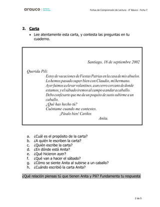 2 de 5
Fichas de Comprensión de Lectura - 4° Básico - Ficha 7
2. Carta
• Lee atentamente esta carta, y contesta las preguntas en tu
cuaderno.
a. ¿Cuál es el propósito de la carta?
b. ¿A quién le escriben la carta?
c. ¿Quién escribe la carta?
d. ¿En dónde está Anita?
e. ¿Qué hicieron ayer?
f. ¿Qué van a hacer el sábado?
g. ¿Cómo se siente Anita al subirse a un caballo?
h. ¿Cuándo escribió la carta Anita?
Santiago, 18 de septiembre 2002
Querida Pili:
EstoydevacacionesdeFiestasPatriasenlacasademisabuelos.
LohemospasadosuperbienconClaudio,mihermano.
Ayerfuimosaelevarvolantines,auncerrocercanodedonde
estamos,yelsábadoiremosalcampoaandaracaballo.
Deboconfesartequemeda unpoquitodesustosubirmeaun
caballo.
¿Qué has hecho tú?
Cuéntame cuando me contestes.
¡Pásalo bien! Cariños
Anita.
¿Qué relación piensas tú que tienen Anita y Pili? Fundamenta tu respuesta
 