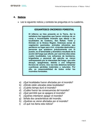 4 de 5
Fichas de Comprensión de Lectura - 4° Básico - Ficha 1
4. Noticia
• Lee la siguiente noticia y contesta las preguntas en tu cuaderno.
a) ¿Qué localidades fueron afectadas por el incendio?
b) ¿Dónde están ubicadas estas localidades?
c) ¿Cuánto tiempo duró el incendio?
d) ¿Cuáles fueron las consecuencias del incendio?
e) ¿Qué permitió que se apagara el incendio?
f) ¿Quiénes intentaron apagar el incendio?
g) Señala dos características del incendio.
h) ¿Quiénes se vieron afectados por el incendio?
i) ¿A qué nos llama esta noticia?
GIGANTESCO INCENDIO FORESTAL
El infierno se hizo presente en la Tierra. Así lo
señalaron los lugareños que fueron víctimas de un
voraz e incontrolable incendio que afectó a las
localidades de Coelemu, San Rafael, Tomé y
Dichato en la Octava Región. Extensas zonas de
vegetación quemadas, animales silvestres que
perdieron su lugar para vivir, viviendas destruidas y
personas que quedaron prácticamente con lo
puesto, es el lamentable y dramático resultado de la
acción del fuego que afectó, por casi tres días estas
cuatro localidades. Los esfuerzos de bomberos,
brigadistas y personal del ejército se vieron
sobrepasados por la intensidad del fuego, que sólo
decayó, apagándose, debido a una milagrosa
llovizna de verano. Una vez más debemos lamentar
cuantiosas pérdidas materiales y naturales. Por
ello, es responsabilidad de todos evitar los
incendios forestales.
 
