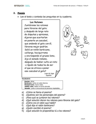 2 de 5
Fichas de Comprensión de Lectura - 4° Básico - Ficha 9
2. Poesía
• Lee el texto y contesta las preguntas en tu cuaderno.
Vocabulario
a) ¿Cómo se llama el poema?
b) ¿Quiénes son los personajes del poema?
c) ¿Para qué se juntaron los ratones?
d) ¿Qué solución dieron los ratones para librarse del gato?
e) ¿Cómo era el ratón que habló?
f) ¿Qué dijo el ratón barbicano?
g) ¿Quién escribió el poema?
h) ¿Qué solución le propondrías tú a los ratones?
Acertar: atinar
Barbicano: barba con pelos blancos.
Hociquirromo: hocico chato.
Hablar culto: hablar en forma educada
Senado : junta o concurrencia de personas respetables.
Los Ratones
Juntáronse los ratones
para librarse del gato;
y después de largo rato
de disputas y opiniones,
dijeron que acertarían
en ponerle un cascabel,
que andando el gato con él,
librarse mejor podrían.
Salió un ratón barbicano,
colilargo, hociquirromo
y encrespando el grueso lomo,
dijo al senado romano,
después de hablar culto un rato:
-¿ Quién de todos ha de ser
el que se atreva a poner
ese cascabel al gato?
Lope de Vega
Español
 