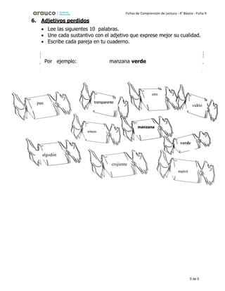 5 de 5
Fichas de Comprensión de Lectura - 4° Básico - Ficha 9
6. Adjetivos perdidos
• Lee las siguientes 10 palabras.
• Une cada sustantivo con el adjetivo que exprese mejor su cualidad.
• Escribe cada pareja en tu cuaderno.
Por ejemplo: manzana verde
oro
pan transparente
vidrio
manzana
brillante
verde
algodón
crujiente
suave
 