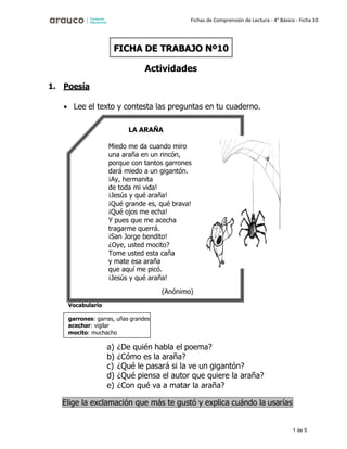 1 de 5
Fichas de Comprensión de Lectura - 4° Básico - Ficha 10
1. Poesía
Actividades
• Lee el texto y contesta las preguntas en tu cuaderno.
Vocabulario
a) ¿De quién habla el poema?
b) ¿Cómo es la araña?
c) ¿Qué le pasará si la ve un gigantón?
d) ¿Qué piensa el autor que quiere la araña?
e) ¿Con qué va a matar la araña?
FICHA DE TRABAJO Nº10
LA ARAÑA
Miedo me da cuando miro
una araña en un rincón,
porque con tantos garrones
dará miedo a un gigantón.
¡Ay, hermanita
de toda mi vida!
¡Jesús y qué araña!
¡Qué grande es, qué brava!
¡Qué ojos me echa!
Y pues que me acecha
tragarme querrá.
¡San Jorge bendito!
¿Oye, usted mocito?
Tome usted esta caña
y mate esa araña
que aquí me picó.
¡Jesús y qué araña!
(Anónimo)
garrones: garras, uñas grandes
acechar: vigilar
mocito: muchacho
Elige la exclamación que más te gustó y explica cuándo la usarías
 