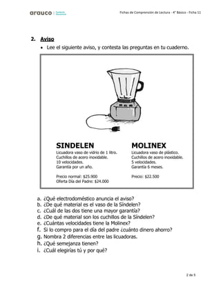 2 de 5
Fichas de Comprensión de Lectura - 4° Básico - Ficha 11
2. Aviso
• Lee el siguiente aviso, y contesta las preguntas en tu cuaderno.
a. ¿Qué electrodoméstico anuncia el aviso?
b. ¿De qué material es el vaso de la Síndelen?
c. ¿Cuál de las dos tiene una mayor garantía?
d. ¿De qué material son los cuchillos de la Síndelen?
e. ¿Cuántas velocidades tiene la Molinex?
f. Si lo compro para el día del padre ¿cuánto dinero ahorro?
g. Nombra 2 diferencias entre las licuadoras.
h. ¿Qué semejanza tienen?
i. ¿Cuál elegirías tú y por qué?
SINDELEN
Licuadora vaso de vidrio de 1 litro.
Cuchillos de acero inoxidable.
10 velocidades.
Garantía por un año.
MOLINEX
Licuadora vaso de plástico.
Cuchillos de acero inoxidable.
5 velocidades.
Garantía 6 meses.
Precio normal: $25.900
Oferta Día del Padre: $24.000
Precio: $22.500
 