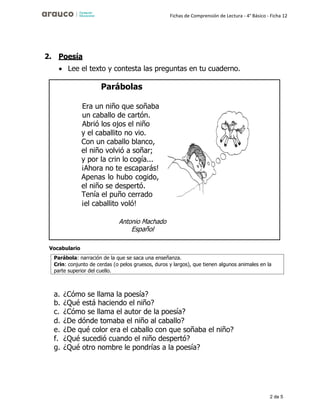 2 de 5
Fichas de Comprensión de Lectura - 4° Básico - Ficha 12
2. Poesía
• Lee el texto y contesta las preguntas en tu cuaderno.
Vocabulario
a. ¿Cómo se llama la poesía?
b. ¿Qué está haciendo el niño?
c. ¿Cómo se llama el autor de la poesía?
d. ¿De dónde tomaba el niño al caballo?
e. ¿De qué color era el caballo con que soñaba el niño?
f. ¿Qué sucedió cuando el niño despertó?
g. ¿Qué otro nombre le pondrías a la poesía?
Parábolas
Era un niño que soñaba
un caballo de cartón.
Abrió los ojos el niño
y el caballito no vio.
Con un caballo blanco,
el niño volvió a soñar;
y por la crin lo cogía...
¡Ahora no te escaparás!
Apenas lo hubo cogido,
el niño se despertó.
Tenía el puño cerrado
¡el caballito voló!
Español
Parábola: narración de la que se saca una enseñanza.
Crin: conjunto de cerdas (o pelos gruesos, duros y largos), que tienen algunos animales en la
parte superior del cuello.
 