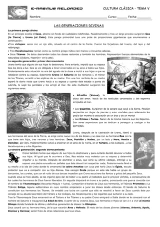 e-Rasmus reloaded                                                 CULTURA CLÁSICA - TEMA V

                    Nombre_______________________________________ Curso:______ Fecha:________


                                          LAS GENERACIONES DIVINAS
La primera pareja divina
En un principio existía el Caos, abismo sin fondo de cualidades indefinidas. Paulatinamente y tras un largo proceso surgieron Gea
(la Tierra) y Urano (el Cielo). Esta pareja primordial tuvo una prole de proporciones gigantescas que enumeramos a
continuación:
•Tres cíclopes: seres con un ojo sólo, situado en el centro de la frente. Fueron los forjadores del trueno, del rayo y del
relámpago.
• Tres Hecatonquires: tenían como su nombre griego indica cien manos y cincuenta cabezas.
• Doce Titanes. De éstos descienden todos los dioses restantes y también los hombres. Representan fuerzas elementales de la
naturaleza (Océano, Hiperión= en lo alto).
La segunda generación: primer derrocamiento
Urano temía que alguno de sus hijos lo destronara. Para evitarlo, impidió que su esposa
Gea los diera a luz. Gea se vio obligada a tener encerrados en su seno a todos sus hijos.
Evidentemente esta situación no era del agrado de la diosa e incitó a sus hijos a que se
rebelaran contra su esposo. Solamente Crono (el Saturno de los romanos ), el menor
de los Titanes, accedió a las súplicas de su madre. Con una hoz recibida de su madre
esperó la diaria visita que Urano hacía a su esposa y cuando éste estaba a punto de
cubrirla, le segó los genitales y los arrojó al mar. De esta mutilación surgieron los
siguientes seres:


                                                            •   Afrodita   (Venus),    la
                                                            diosa del amor. Nació de los testículos cercenados y del esperma
                                                            arrojados al mar.


                                                            • Los Gigantes. Surgieron de la sangre que cayó a la tierra. Poseían
                                                            serpientes en ¡lugar de piernas y eran mortales pero solamente les
                                                            podía dar muerte la asociación de un dios y de un mortal
                                                            • Las Erinias o Furias. Nacen de la misma manera que los Gigantes.
                                                            Son seres espantosos que se dedican a perseguir y castigar a los
                                                            parricidas.


                                                            Crono, después de la castración de Urano, liberó a
sus hermanos del seno de la Tierra, se erige como nuevo rey de los dioses y se casa con su hermana Rea con la
que tiene seis hijos, tres varones y tres hembras: Zeus, Posidón y Hades, por un lado y Hera, Hestia y
Deméter, por otro. Posteriormente volvió a encerrar en el seno de la Tierra, en el Tártaro, a los Cíclopes , a los
Hecatonquires y a los Gigantes.
La tercera generación: segundo derrocamiento
             Crono también temía que alguno de sus hijos lo destronara y para evitarlo decidió devorar a todos
             sus hijos. Al igual que le ocurriera a Gea, Rea estaba muy molesta con su esposo y determinó
             engañar a su marido. Después de alumbrar a Zeus, que sería su último vástago, entregó a su
             esposo una piedra envuelta en pañales que éste devoró sin sospechar nada, Posteriormente llevó a
su retoño a la isla de Creta donde lo amamantó la cabra Amaltea con cuya piel haría Zeus la Égida, escudo
protector que va a compartir con su hija Atenea. Rea escogió Creta porque en esta isla había un grupo de
danzantes, los curetes, que con el ruido de sus danzas impedían que Crono escuchara los llantos y gritos del pequeño Zeus.
Cuando Zeus se hizo adulto, se las ingenió para dar de beber a su padre un bebedizo que le provocó vómitos, a consecuencia de
los cuales los hermanos de Zeus fueron liberados. En seguida disputará en trono a su padre, provocando una guerra conocida con
el nombre de Titanomaquia (Recuerda Maquia = lucha). Componían el bando de Zeus sus hermanos, el Titánida Prometeo y La
Titánide Estige, laguna subterránea en cuyo nombre empezaron a jurar los dioses desde entonces. El bando de Saturno lo
constituían sus hermanos los Titanes. Se entabló una lucha sin cuartel que sólo se resolvió a favor de Zeus cuando éste por
consejo de su abuela Gea liberó del Tártaro a los Cíclopes, los Hecatonquíres y los Gigantes que lucharon a su lado.
Tras la Titanomaquia Zeus encerrará en el Tártaro a los Titanes y su padre Crono emigrará a Italia donde se le conocerá con el
nombre de Saturno e inaugurará La Edad de Oro. A partir de su victoria Zeus, sus hermanos e Hijos se van a ir a vivir al monte
Olimpo donde fundarán la última y definitiva generación de dioses: la Olímpica.
Zeus casará con su hermana Hera, de la que nacerán Ares y Hefesto. El resto de los dioses jóvenes (Atenea, Artemis, Apolo,
Dioniso y Hermes) serán fruto de otras relaciones que tuvo Zeus.
 