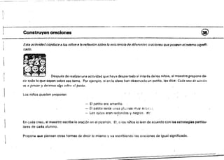 I
----_._----~-----------~" p-­
-----------===.=~-==~--
~_._------.------
1---­ Construyen oraciones @
Esta actividadcOI'Iduce a las niños ti la reflexión sobre la existencia de diferentes oraciones que pos_en elmismo sígnHi­
cado.
Después de realizar una actividad que haya despertado el interés de los niños, el maestro propone de­
cir todo lo que sepan sobre ese tema. Por ejemplo, si en la clase han observado un patito, les dice: Cada uno de ustedc5
m a pensar y decirnos algo sobre el patito,
Los nii'os pueden proponer:
- El patito era amarillo.
El patito tenía lllll:lS plumas muy Sll;;; v_, ;.
Los ojitos eran re?ondos y negros. etc.
En cada C'iSO, el maestra escribe la oración en el pizarrón. El, °los nIños lo leen de acuerdo con las estrategias particu­
lares de G¡;¡da alumno.
Propoolii IilUI!! piensen otras formas de decir lo mismo y va escribiendó las oraciones de igual significado.
 