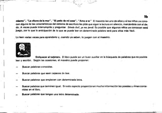 :;1'
"":1
lb
mientO". "La vlbora de" mar". "8 petlo de mi ca..", "Amo ti to" El maestro lee uno de ellos V SI los níl'los ya cono­
cen alguna de las caracterlsticas dei sistema de escritura les pide que sigan la lectura en silencio, marcéndola con el de­
do. A veces puede interrumpirla V preQuntar Dónde iba?'.J14 me perdi. Es posible que algunos n¡nos ya conozcan este
juego, por lo que la anticipación de lo que se puede leer en determinada palabra será para ellos más fácil.
" lo leen varias veces para aprenderlo V, cuando ya saben. lo juegan con el maestro.
Enriquecer el taljetero. El libro puede ser un buen auxiliat en la búsqUeda de palabras que es posible
leer y escribir. Según las ocasiones, el maestro puede proponer:
BUSCSf palabras conocidas.
Buscar palabras que seon capaces de leer.
Buscar palabras que empiecen con determinada letra.
Buscar palabras que terminen igual. En este aspecto proporcionan mucha información ISliI poesfas y rimas conte­
nidas en el libro. 

Buscar palab~as que tengan una letra determinada. 

-­
~--
 