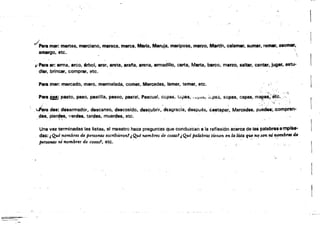 I
./	Para mar: martes, marciano, maraca, marca, Maria, Maruja, mariposa, marzo, Martln, calamar, sumar, remar, asomar,
amargo, etc.
vPara ar: arma, arco, árbol, arar, arete. aratla, arena, armadillo, carta, Marta, barco. marzo, saltar, cantar, jugar, estu­
diar, brincar, comprar, etc.
Para mar: marcado, mero, mermelada, comer, Mercedes, lamer, temer, etc.
Par. ~ pasto, paso, pastilla, paseo, pastel, Pascual, copas, t6jlaS, ,,,,;,>(:1(,., ¡¡"pss. sopas. capas, ma~a~::'Eitc. ,,).
~ára des:desarmador, descanso, descosido, desc;ubrir,'desgrac'ia, después, testapa;, MerCEÍdes, P~••~c;~mpren­

des, pierdes, .....erde., tardes, muerdes, etc. 
,.-.. , ,(;;" 	 ,
Una vez terminadas las listas, el maestro hace preguntas que,condulcah a la reflexiónac~rca de,las palabra.emplea­

das: JQuénombres de pers01l4$ escribieron1 JQué nombres de cosas' ¡Qué pal4bras tienen en la lista qtU nI:! son ~ niJmbT6S de 

,J,etsono.s ninombres de cosas', etc. " , , 

,
----_.-.:.-~
 