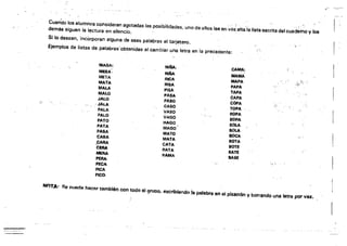 -----.~---~- ~ ---~--~
Cuando los alumnos consideran agotadas las posibilidades, U'no de ellos lee en 'voz'alta'la lista escrita del cuademo V los
demás siguen lalljlctura en silencio. 

Si lo desean, incorporan alguna de esas palabras al tarjetero. '. 

Ejemplos de listas de palabras'obtenidas al cambiar una letra en la preCedente: ':',
MASA:
MESA:
META
MATA
MALA
MALO
JALO
":'
;'" "JALA
PALA
ll'ALO
PATO
PATA
PASA
CASA
,CARA
CatA
MERA
PERA
PECA
PICA
PICo.
NlAA:
RIIÍIA
RICA
RISA
PISA
PASA
PASO
eASO
VASO
VAGO
HAGO
MAGO
MATO
MATA
CATA
RATA
flAMA
CAMA;
MAMA
MAPA
,. ~ -­PAPA
TAPA
CAPA
COPA
TOPA
ROPA
SOPA
SOI.A
BOLA
BOCA
BOTA
BOTE
eATE
eASI!
"
[
r
NnTA! ~"noode hacer también eon todo el 9ruDQ. escribiendo .la palabra en el pizarrón y borrando una letta por vez. l
-~.---~--­
~--~---~
-;::::._.:.-::...:.:..:.._-:...::...:..:....:...:,';...:.
 