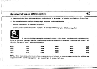 I
Combinan letras para obtener palabras @
Se pretende que los niños descubran elgunes ceracterlsticas de la lengua y su relación con el sistema de, esc.rirura.
las mismas letras en diferente orden pueqen dar origen a distintas palabras
no toda combinación de letras es una palabra
existen combinaciones de sonidos ("diflciles de leer") que no son propias del idioma español.
El maestro propone una palabra formada por cuatro (} cinco letras. Pide a los nlnos que combinen las
letras de diferentes maneras. Leen las combinaciones obtenidas y sel'lalan cuál de ellas constituye una palabra. Por
eíamplo, si propone" peso" las posibilidades s o n : ' .
pseo peos psoe poas~ ~
.esop espo epos . epso eCl'Ps 80Sp
seop aepo apeo soep spoe~
opes opae aspe oepa osep 08Sp
NOTA: No se pretende que los nl/1os realicen todas estas combinaciones, se trata de que encuentren las palabras que
es posible escribir' Icomo sope y pose) y que las distingan de las que no lo son.
 
