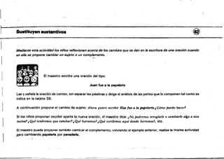 . _.,--,-_.,,~
Sustituyen ....tantlvo. ~,
Mediante esta actividadlas niños reflex.ionan acerca de los cembios,que se dan en la escritura de una oración cuando
en ella se propone cambief un sujeto o un complemento.
.'f ~~ •
•
'.,
0, •
. .'
El maestro escribe una oración del tipo:
~. -~' ~
Juan fue e la papeler(a
'"
Lee y seftala la oración de corrido. sín separar las palabras y dirige el análisis de ¡as partes que lo cOI11Ponen tal como,'se
indica en la tarjeta 39.
'1 A continuaci6n propone el cambio de sujeto: Ahora quiero escribir &so /tu ti la papeleríaJ Cómo puedo hacer!
Si I,os ninos proponen est;:ribir aparte la nueva oraci6n, el maestro dice: ¡No podremos arreglarle o cambiarle algo a esta
mUin4f ,Qué tendremos que cambiar' ¡Qué borramos' ,Qué escTib#nos aqui donde borramos'. etc.
El maestro puede proponer también camb;ar el complemento; volviendo al ejemplo anterior. realiza la misma actividad
,Qero cambiando papelerfa por penadeña.
~-----=---~~~------~~~~~
 