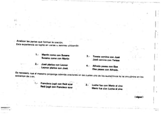 . ~~-:;'.:~"~ ­
.  ,'!',
¡,
rAnalizan las partes que forman la oración. 

Esta experiencia se repite en varias (J,:asiones utílizando: 
 r I
1.- Martrn como con Susana
3.- Teresa camina con Jo$6­
Susena come con Martín
.'José camina con TeteN
.....
,2.-~olé pl~tlc.a con Leonor
4.-' Alfredo pasea con Eisa
Leonorpl~tlcá.con José.
Eisa pasea con Alfredo. 

Es necesario que el maestro 'proponga acie~ás oracio~es ~n las cuales uno de los sustantivos no sé encuentre en los 

el(tremo~ de 6'Sts. , r', ' . 

1•- Francisco jugó con Ralll aYer 

. 2.· Lucha fue con Mario al cine
Ralle jugó éOn Francisco ayor
Marle fu~ con Lucha al cine r I
(.igue)
 