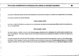 --:==-===-_.--::::-~-: :'..,
­
Permutan sustantivos en oraCiones con verbos en función transitiva 86
1
I 

Los niños reflexionan scerca de que la petmutación d~ sustantivos. produce un cambio en el ~jgnmc!ldo de Isorllclón.
El maestro escribe una oración del tipq:
l.etlcla empUja 8 Ren6
en la'que, al alt,erar e! orden,en QUi¡I ªpafecen los sustantivos, se obtiene una oración que difiere,tanto e!"lls escñtura co­
mo en el significado:
René empuja I!I l.etiéia
Se diríge al grupo y explica:. Aqulyo escribíLeticia empuja a R~ (leyando V set'lalando de corrido~o.da la oración sin se~'
parar las palabras). Interrega a alguno de les niñOS sobre las partes que componen la oración, tal como,se indica en la,
tarjeta 39.
Cuando las partes de la oración han sido ubicadas, propone la permutaci6n de sustantivos: Aquiyo escribí.lAtiri.a tnnJm­
ja Q Reni; st'Re11é empujara ti Leticia., ¡quitenáriamos quee$cribirli~ lo mismo decir J...eticta,mn¡.mja tI..Rtmi que decir R~
empujat'II Leticia!¡ Por qué'!'¿Que tendrl'amos que cambiar aqui(senalanda la oración) para. que diga René tnnfi'Uja a Leticia1
----" -- --_. ­
 