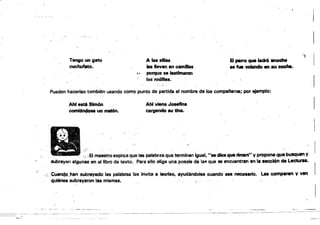 '';..~~
Tengo un gato A las elll. El pliNTo que 1adr6 anoche
cuchufato. IN Uevan.en camIIIIiIs se fue volando .. su coche.
"'. porque se luttmaron
lu·wdlilaa.
." .. :í,
Pueden hacerles también usando como punto de partida el nombre de los campaneros; por ejemplo:
~hf estA Simón Ah( viena Joeefina 

cornI6ncIoM un melón. cargando IU tina. 

da maestroexplicaque las palabtasque terminen Igual. "sedice que riman" y propone que busquen y
subrayen algunas en el libro de texto. Para ello elige una posafa de ISR que se encuentran en la sección de LecturA.
'.,. Cuancto,han sl,ib.rayadQ las. pelabraa los invita-a. leerlas; ayudéndoles ~ando sea necesario. Las comparan Y ven
quiénes subrayaron le, mismas.
1
 