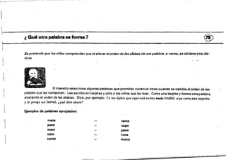 "'I"~,•.~.--::.-:--.,~

¿ Qué otra palabra 88 forma ., (~
Se pretende que los niños comprendan que 81a/tel'Br elorden de las sHabas de une palabra, a veces, se obtiene otra dis­
tinta. I.~· ,~;~.
El maestro selecciona algunas palabras qUE,lpermitan construir otras cuando se cambia el orden de las
silabas que las componen. Las escribe en tarjetas y pide a los niflos que las lean. Corta una tarjeta y forma otra palabra
alterando el orden de las silabas. Oice. por ejemplo: Tú me dijiste que aquiestá escrUO malo (malol,' siyo corto esta tarjetita
.')1 la pongo asi Ilomal. ¡qué dirá (ikoTa.~
Ejemplos de palabras'apropiadas:
mete teme
peso sope
sopa peso
caro roca
como moco
 