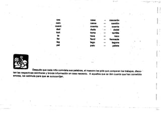 cas casa cascar6n
cam came camión
cuent cuento cuenta
ded dedo '. dedél
tort torta ,-tortilla
ta taza taco
far farol fermacla
lag lago laguna
_r
pel palo paleta
Después que cada nino comllleta sus.palabras, el maestro les pide que comparen los trabajoS, discu- ..•.
tan las respectivos escrituras V brinda informacl6n en caso necesrio. A aquellos que se den cuenta que han cometido
errores, 108 estimula para que se autocorrijan.
 
