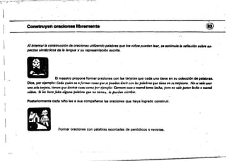 I .
Conatnayeíl oracIoneII libremente @
--_._'-~---------------------------------
"!',
.Allntentsfla construcción de orBcionu utUkllndopslabf8s que los n/no. pueden IfHIr, se estimula ", nll/exl6n .",.N­
p#JCt08.&intActicos'de'lIl8ngus y su represt!lntsción escritlJ.
. El maestro propone formar oraciones con las tarjetas que cada uno tiene en su colección de palabras•
.. '
Dice. por ejemplo: Ca" qtlllm va tiformar COSlU que se jnuJd4n decir con ku palcbrfJJ que time en IU 1fJ.f:jUrro. No,.""tIStJf'
UM .sokJ iar;j«a, tienen que dlfdT.s. COlAS como porejemplo; CIImHm COIfI o mamá lomI:I UIcJw, pno ft~ wzh /JOMr ItIclul omam4
$OIilAS. Si ltI.s M.c. faba a/gf.ma JIGls.brG que no 'ienen, la pueden 6sCnbfr.
Posteriormente cada nito lee a sus compal'leros las oraciones que haya logrado construir.
FOnTlItr oraciones con palabras recortadas de periódicos o revistas.
--~-
 