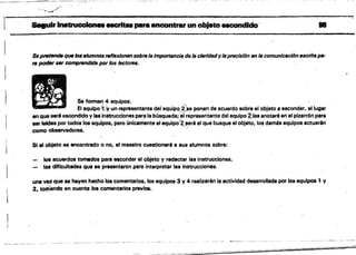 --------~--
.-==,-==-==0'---.-_- _;_.,"'"
......' ~ MCI'Itaa pera encontrar un objeto escondido·
•
SsPfflttlnde qtHJ losalumnosreflsxionen sobre/sImportancia de /B claridad yIspreclsidn en /8 comunicllción tlscrittIfJtI'­
ni poder SIIf comprendithl por los IectOItJ8.
Se forman .. equipos. . .
El equipo (i'y un representante del equipo,2,)se ponen descuerdo sobre el objeto a esconder, el lugar
en que seré escqndido y las instrucciones para la bIlsqueda; elrepresentante del equipo.~~las anotaré en el pizarrón para
ser leidas por todos 108 equipos, pero (mloamente el equipor@Jleré el que busque el objeto, IOl! demás equip.os actuarán
como observadores. . ­
Si el objeto es encontrado °no, el maestro cuestionaré ti sus alumnos sobre:
los acuerdos tornedoa para esconder el objeto y redactar la8 instrucciones,­
las dificultades que se presentaron para interpretar 18S instrucciones.
une vez que se hayan hacho los comentarlos, los equipos 3 V.. realizarén la actividad desarrollade por los equipos ,. y
2, todi'ando en cuenta los comentarios prevloa.
 
