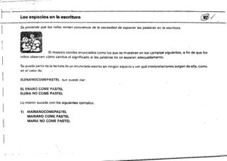 ~~~
­ Los espacios en la escritura 	 (jj)/
Se pretende que los niños tomen conciencía de la necesidad de espaciar las palabras en la escritura.
El maestro escribe enunciados como los que se muestran en los Cijemplos siguientes, ·a fin de que los
niños observe., cómo cambia el significado si las palabras no se separan adecuadamente.
Se puede partir de la lectura de un enunciado escrito sin ningún espacio y ver qué interpretaciones surgen de ella, como
en el caso de:
ElENANOCOf,ltEPASTEl. QUfl puede dar:
EL ENANO COME PASTEL
ELENA NO COME PASTEL
Lo mismo sucede con los siguientes ejemplos:
1) 	 MARlANOCOMEPASTEl
MARIANO COME PASTEL
MARiA NO COME PASTEL
 