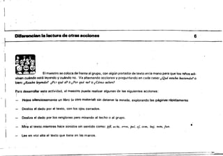 - - - ---
~~"--
:.~.~ ~·;·_·lF:--··:"
~~.~~~"-
•
. '
Diferencian la lectura de otr. acciones . 6
-r~----------~----------
1 • El maestro se coloca def,ente ., grupo, con "900 portado,de texto enl. mano pat. que los "nosadl.
vinen cuándo esté leyendo y' cuándo no. Va alternando acciones y preguntando en cada caso: ¡ Qué estalHJ: haciendo'! o
bien: ¡Estaba leytmdo'! ¿Pcr qué Sl1 o ¡Por qué no? O ¡C6mo saben!
~ara desarrollar esta actividad, el maestro puede realizar algunas de las siguientes acciones:
,
Hojea silenciosamente un libro (u otro material) sin detener la mirada, explorando las páginas rápidamente
Desliza el dedo por el texto, con los ojos cerrados.
Desliza el dedo por los renglones pero mirando al techo o al grupo.
Mira el texto mientras hace sonidos sin sentido como: pjl, achl. 1mn, palo ej. tem, baj. mm, Jun. •
Lee en voz alta el texto que tiene en las manos.
 