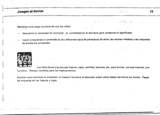 'l, Ju.nal~~~r~------------------------~---~
11 '
i':~ '..
Mediante este juego se pretende que los niños:
r"
descubran 1a necesidad de mantener la estab!/idad en la escritura para conservar el significado.
vayan conociendo el contenido de dos diferentes tipos de portadores de texto: las recetas médicas y las etiquetas
de productos envasados,
Los niños llevan a la escuela frascos, cajas, semillas, botones, etc. para formar, con ese material. una
farmacia. Piensan nombres para los medicamentos.,
Escriben esos nombres en etiquetas; el maestro favorece la discusión sobre cómo deben escribirse los textos. Pegan
las etiquetas en los frascos y cajas.
 