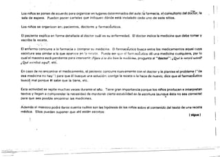 Los niftos se ponen de acuardo para organizar en lugares determinados del aula: I~ farmacia, el consultorio del doctor, la
sala de espe~a. Pueden poner carteles que índiquen dónde está instalado cada uno de esos sitios.
Los ni/os se organizan en:. pacientes, doctores y farmacéuticos.
El paciente explica en forma detallada al doctor cuál es su enfermedad. El doctor indica la medicina que debe tomar Y
escribe la receta.
I
El enfermo concurre a la farmacia a comprar su medicina. El farmacéutico busca entre los medicamentos aquel cuya
esc~itura sea similar a la que aparece ~r¡ la receta, Puede ser qu,~ ei farrnacéutico dé una medicina cualquiera, por lo
cual el maestro está pendiente para intervenir: Ffjate si te d1'O bien la medicina, pregunta al "docto''': ¡Qué le r.eutó usted!
i Qué escribió aqw7, etc.
En caso de no encontrar el medicamento, el paciente concurre nuevamente con el doctor y le plantea el problema ("de
esa medicina no hay") para que él busque una solución: corrige la recata o la haca de nuevo; dice que el farmacéutico
bUSC~ mal porque ~I sabe que la tiene, etc.
Esta actividad se repite muchas veces duranté el ai'o. Tiene gran importancia porque los ninos producen e interpretan
textos y llegan a comprender ta necesidad de mantener cierta estabilidad en la escritura (aunque ésta no sea correcta)
para que sea posible encontrar ias medicinas. •
Además el maestro podré 'darse cuenta cuáles son las hipótesis de los ni/'los sobre el contenido del texto de una receta
médica. Ellos pueden suponer que ah! están escritos:
(sigue)
 