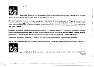 ..
Letra final. Mediante esta actividad los niflos tomarán conciencia de que la mayoría de los nombres
femeninos terminéis con a y la mayor parte de los masculinos con o,
El maestro pide a los niños de un equipo que agrupen todos los nombres que acaban con o. Pregunta: Los nom/m',s d..
qUJ,h/l'J> termir!all qm o. ¡ Qué hay más. ~iittn /) milas é'Oll e/nombre tnminado etl o,? Puede darse el caso de nombres·feme­
ninos Qon esa terminación: es el caso de Rosario. o de masculinos con otras terminaciones como sucede en Omar.Ru­
bén. José o Rafael. . '..', .í';"
El maestro les. pide que piensen nombres terminados en o. En cada caso pregunta: i¡':~I' 1111mb,,' es lit' Iwmbr¡' ti dnmift'r?
Luego hace notar que muchos, pefO no todo.<¡ los nombres de hombre. terminan en o IPablo. ~edtO. Ernesto. Roberto.
Alberto, etc.•, Buscan en las tarjetas nombres de niños que tengan otra letra tíoal y 10$ escriben y leen.
.'.:.
las mismas actividades anteriores ti. realizan otro, qis con nombres de nílas, partiendo de la letra final a.
NOTA: Los trabajos sobre jerras iniciales y finales de nombr.es, pueden ser realizados también con todo el grupo..
Letra inicial y final. Es protlable Que fm el grupo existan nombras en los que las letras inieíales y fms­
(ligue)
I
 