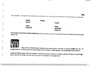 1
-"~
248
les coincidan. El maestro hace comparar lo~ nombres a los niños que se encuentran en esa situación, por ejemplo:
SONIA PEORO
SI~VtA
PABLO
JUAN
ROSA
JOAQUIN ROSAURA
IWSAUA
los ayuda en esta tarea mediante preguntáa: ¡E1'/, qué se parecen estos dos rwmbrest¡En qué son disUntosl ¡Cu4l tiene JriIÚ
letras?, ete. .
1 . . .
•
.. .. .~ ..
_w.. .
•. . .
• Esta misma actividad puede realizarse con todo el grupo, tomando un par.de nO.8 por vez. El
maestro pide El It)s ninos cuyos norrlbr6s tengan letras iniciales y finales iguales, que Io¡¡;.escrib.,. en el pizarrón~ .
luego se dirige.al grupo y dice, por 'iliemplo: Aquljuan yjóaqufn escrt'bieron su nalft.rll. ,Dónde dini.jflAA,t1. YJ~quínlflfn
quése parecen k>s nombres de estos ?Unos' ¿Por qué el de}ooqtdn es más largo?, tltc.
~-- ..~ .. -_.~ .~.•~~.~~ .~~.~.~ ..~~._-.....;.-~--........~ 

 