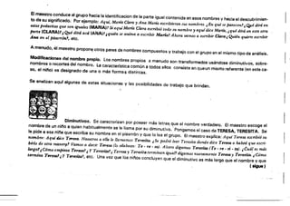 El maestro conduce al grupo hacia la identificacion de la parte igual contenida en esos nombres y hacia el descubrimien­
to de su significado: Por ejemplo: Aqui, Mana Clo.rQ y Ana Maria escribieron sus nombres, ¡ En qué se parecen,' ,(Q.¡é dirá en
f!stos pedacitos que son iguales (MARIA)? SiaquiMaria (:lara escribüj todo su nombre y aquí dice Mqrfa, ,qué dira en esta otra
parte (CLARA"¡Q}lé dirá acá (ANA)!4:quién se anin-.a a escribir Marfa' Ahora uzmos a escribir Clara¡Quién quiere escribir
ÁnG en el pizarrón1, etc,
A menudo. el maestro proponq otros pares de nombres compuestos y trabajo con el grupo en el mismo tipo de análisis.
Modificaciones del nombre propio. Los nombres propios a menudo son transformados usándose diminutivos, sobre­
nombres o recortes del nombre. la característica común a todos ellos consiste en queun mismo referente (en este ca­
so, el nil'ioi es designado de una o más formas distintas.
Se analizan aqur algunas de estas situaciones y las posibilidades de trabajo que brindan.
e,
Diminutivos. Se caracterizan por poseer más letra!,! Que el nombre verdadero. El maestro escoge el
nombre de un nino a quien habitualmente se ie llama por su diminutivo. ~ Pongamos el caso de TERESA, TERESITA. SEi
le pide'a esa njna que esctib,a su nombre en eí pizarrón y que lo lea el grupo. El maestro explica: Aquí Teresa escribió JU
nombre: Aqui lÜce TeTeJa, Nosotros a ella le llamamos Terenta, ¡Se podrá leer Teresita donde dice Teresa o habrá que escri­
birlo de otra mane,?' Vamos a decir Teresa (lo silabean: Te - re· sajo Ahora dtgamQs Teresita (Te. re. si. ta), ,Cuál es más
largo',Cómo empieza Teresa?, Y Teresita? , Teresa y Teresita terminan igual'! digamos nueuzmente Teresa y TeTesita:¡ Cómo
tnmma TeresoJi.' y, Terenta!, etc. Una vez que los nif10s concluyen que el diminutivo es más largo que el nombre y que
(sigue )
 