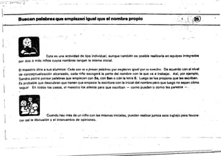 l
~~ --=-"='""""
'!"".
 , . , ', , ' , '
Buscan palabr••que empiezan igual que el nombre propio ' ";,:;~"; i';i@
• • ' '"C' :, ':¡; .' .
;. " :.J' .,'

:'.
.¡:
Esta es una actividad de tipo individual, aunque también es posible raalilarla en equipos Integrados
por dos o más ninos cuyos nombres tengan la ff'lisma inicial.
El maestro dice a sus alumnos: Cadl.; uno tMl a pemo.'fpalabras que empr''ecen igual que $U. nombre. De acuerdo con el nivel
de conceptualización alcanzado. cada nino escogarllla parte del nombre con la que va a trabajar. As!, por ejemplo,
Sanara podrá pensar palabras que empiecen con Ss, con San o cOn la letra S: luego se les propone que las escriban.
Es probable Que descubran que tienen que empezar la esctltllre con la inicial del nombre pero que luego no sepan c6mo
seguir En todos los oaso$~ el maestro los aliente para que escriban - como puedan o como les parezca -.
Cuando hay más dI! un nil'o con las mismas iniciales, puaden realizar juntos este tr,bajo para favore­
cer así la discusión y el intercambio de opiniones;' ,
 